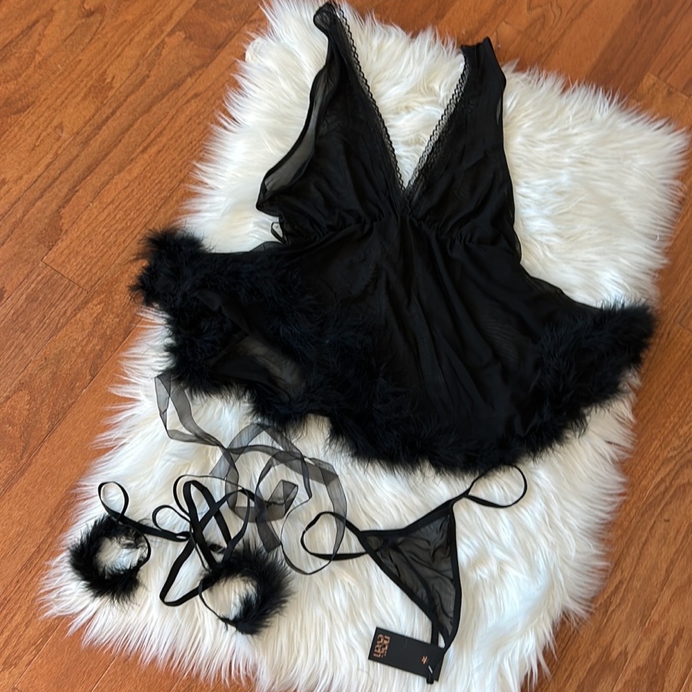 New Even Lingerie Black 3 Piece Set Sz XL Babydress Style